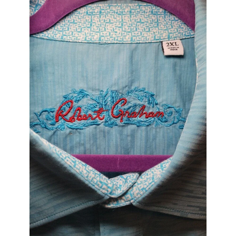 Robert Graham Short Sleeve Turquoise Blue Geometric Pattern Men's 2XL